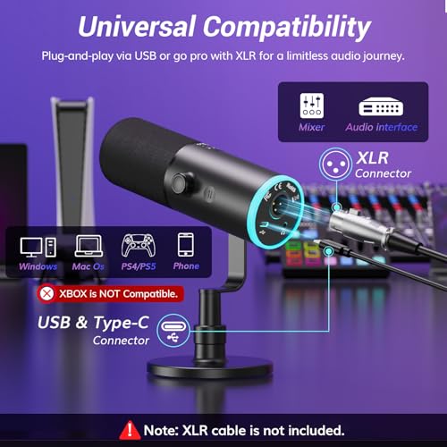 TONOR Dynamic Gaming Microphone XLR/USB Mic with AI Noise Cancellation | Desktop Stand Set, RGB, Tap Mute, 3.5mm Jack, Gain Control, Microfono for Content Creators, Black, TD510 AIR S