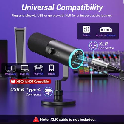 TONOR Dynamic Gaming Microphone XLR/USB Mic with AI Noise Cancellation | Desktop Stand Set, RGB, Tap Mute, 3.5mm Jack, Gain Control, Microfono for Content Creators, Black, TD510 AIR S