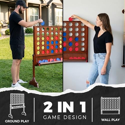 Height Adjustable Giant Wooden 4 in A Row Game | Adjust Heights (2.75-3.75 FT), Foldable Tray, Wall Mounted or Set-up on Ground, Carrying Case - style: Premium (Adjustable 33"-45")