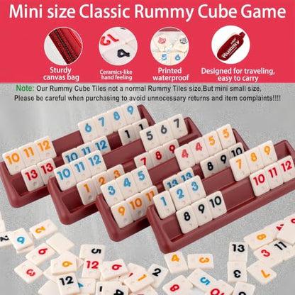 Smilejoy Mini Rummy Cube 4 Players Edition,Travel Rummy Game Set with Portable Canvas Bag,Classic Board Game for Adults and Kids |106 Tiles | 4 Playing Racks |1 Dice | (2-4 Player) - style: Mini Size (2-4 player)