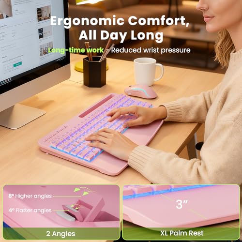 Pink Keyboard and Mouse Wireless Combo, 4000mAh Rechargeable Backlit Quiet Keyboards mice set, USB Ergonomic Key Board with Wrist Rest & Phone Holder for PC, Mac, Windows, Natural Soft Typing —SABLUTE - color: Pink