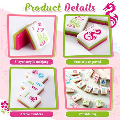 Soulchen 3 Layer American Mahjong Set, 168 Pcs Green and Pink Tiles with 2 Carrying Bags and Accessories 1.2'' Complete American Mahjong Tile Set for Travel Game Collection Women Lover Beginners