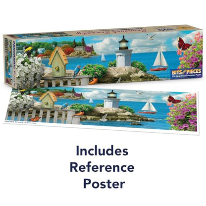 Bits and Pieces 300 Piece Panoramic Puzzle - Seacoast Serenity - 300 Large Pieces 12" x 36" Jigsaw Puzzles for Adults, Seascape Ocean Lighthouse Birds, No 2 Pieces Alike - size: 300 Piece Puzzle