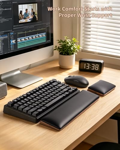 ASFSKY Keyboard and Mouse Wrist Rest Set for 60%-75% Compact Keyboards – Ergonomic Wooden Support Pad with PU Leather & Memory Foam, Anti-Slip Rubber Base for Gaming, Office & Typing Pain Relief - style: No RGB
