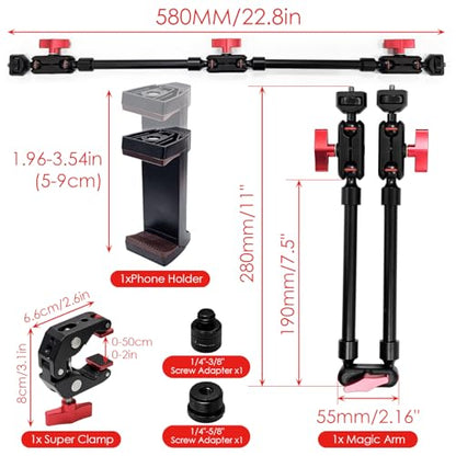 22" Magic Arm w Clamp Mount, Adjustable Overhead Phone Mount Stand, Articulating Friction Boom Arm w Thread Adapter for Webcam Tripod Light Video Rig Camera