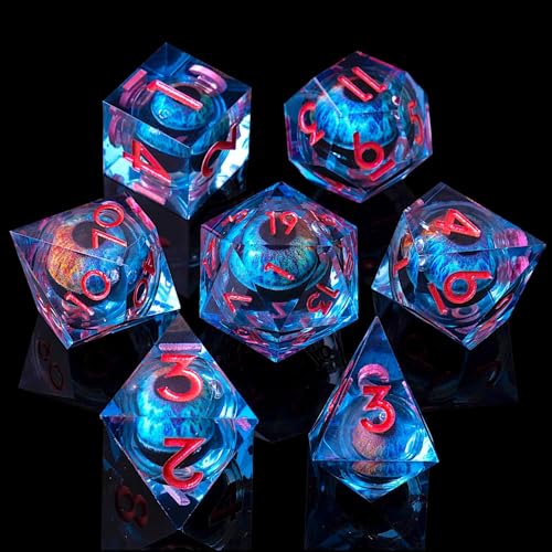 Beholder's Dragon Eye DND Dice Set, 7pcs Liquid Core Dice with Gift Box, Handmade Sharp Edge Resin Dice for Role Playing Dungeons and Dragons Ttrpg(PinkBlue Dragon Eye) - color: Blue Pink Cat Eye