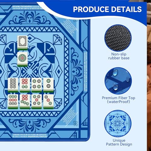 Mahjong Mat with Rules 31.5" x 31.5" Neoprene Rubber Square Blue Gaming Mat - Anti-Slip, Noise Reduction Durable & Easy to Clean for Mahjong Tiles, Poker, Dominoes & Board/Tile Games (Blue) - color: Blue