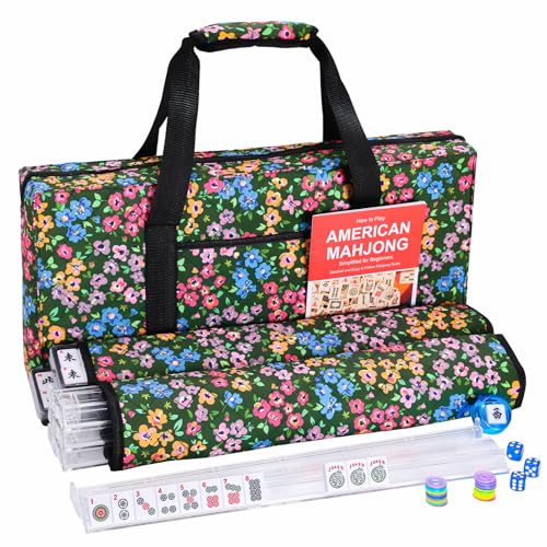 American Mahjong Tile Set, 166 Tiles, 4 All-in-One Mahjong Racks with Pushers, Mahjong Set with Green Bag for Beginners (Ma Jong, Mah-Jongg) - color: Green