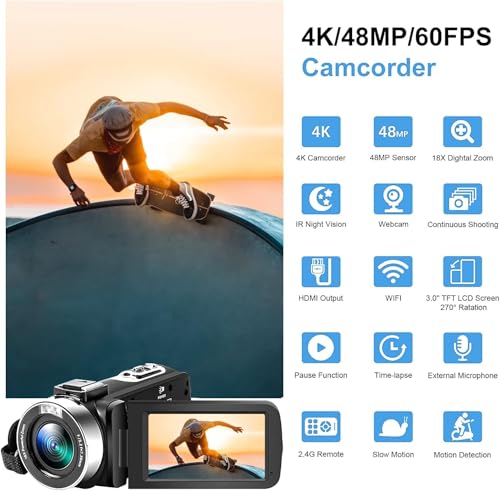 Acuvar 4K Video Camera Camcorder with 48MP – Vlogging Camera for YouTube, 60FPS, 18X Zoom, WiFi, Night Vision, Mic, Stabilizer, Tripod, 64GB Storage Kit - style: Premium Kit