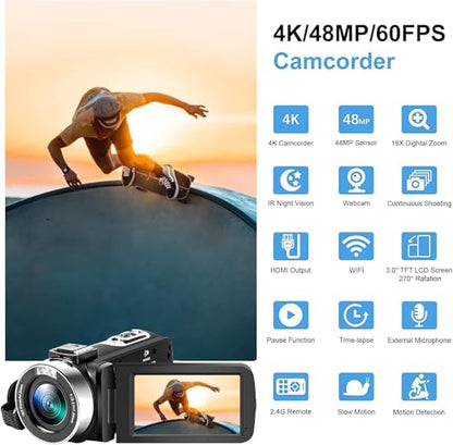 Acuvar 4K Video Camera Camcorder with 48MP – Vlogging Camera for YouTube, 60FPS, 18X Zoom, WiFi, Night Vision, Mic, Stabilizer, Tripod, 64GB Storage Kit - style: Premium Kit