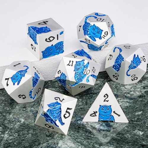 Metal DND Cat Dice 7PCS Polyhedral RPG Dice Set with Gift Case for Dungeons Dragons Role Playing Game, D and D Dice D6 D8 D10 D12 D20 D% (Silver Blue) - color: Cat-silver Blue