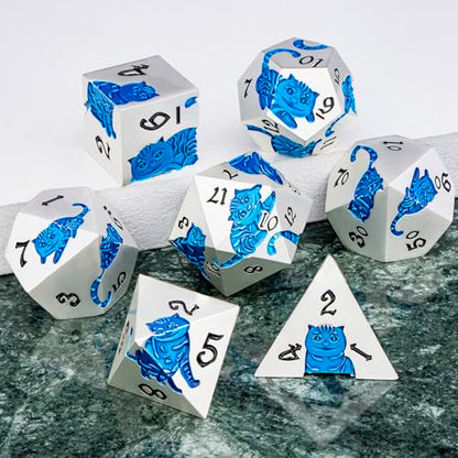 Metal DND Cat Dice 7PCS Polyhedral RPG Dice Set with Gift Case for Dungeons Dragons Role Playing Game, D and D Dice D6 D8 D10 D12 D20 D% (Silver Blue) - color: Cat-silver Blue