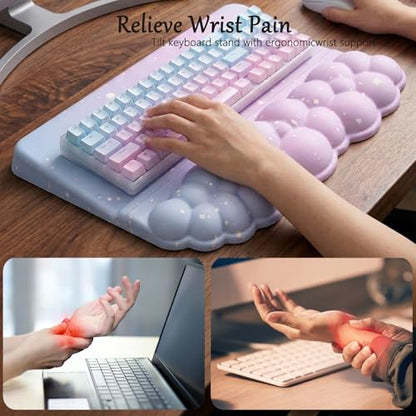 Computer Keyboard Stand Pad with Wrist Rest Purple Blue Cloud Keyboard Pad Support with Comfortable Galaxy Stars Wrist Pad Cute Girl Ergonomic Tilted Keyboard Riser Holder for Desktop Office Home - color: Cloud Purple Blue