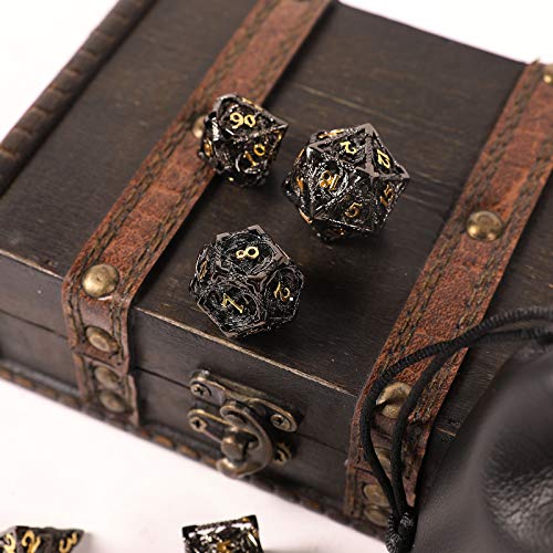 AncientDeer DND Dice Set 7 Pieces D&D Pure Copper Hollow Polyhedral | DND Dice W/ Gift Box & Dice Bag for DND RPG Explorers Savage World and Table DND Dungeons and Dragons Role Playing - color: Black Gold