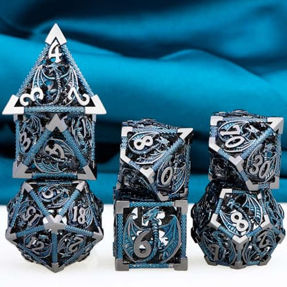 ARUOHHA Hollow DND Metal Dice Set Black Blue Dragons D and D Dice with Gift Box, Role Playing Games Dungeons Polyhedral Dice D20 D12 D10 D8 D6 D4 - color: Black Blue-01