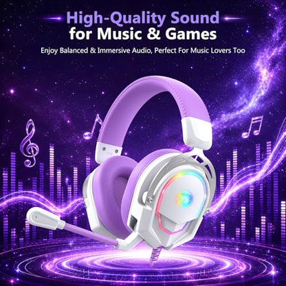 K98 Wired RGB Gaming Headset with Mic, Over Ear Gaming Headphones, 50mm Neodymium Drivers, Noise Isolating Microphone, Memory Foam Cushions, Aluminum Alloy Frame for PC, PS5, PS4, Xbox, Switch - color: White/Purple RGB