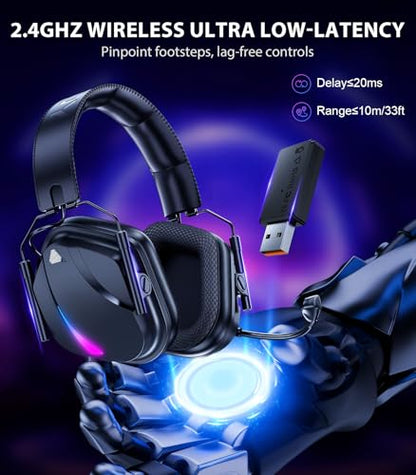Vakedy Wireless Gaming Headset for PS5, PS4, PC, 2.4GHz Low-Latency & Bluetooth 5.4 Gaming Headphone with Noise Canceling Mic, 50mm Drivers, 50H Battery Wireless Headset for Switch, Mobile, Mac - color: Matte Black