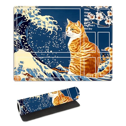 for MTG Playmat with Zones Storage Bag,for TCG Playmat and Playing Card Mat for Magic Board Games, Cat Wave Non Slip Stitched Edges Game Mat, Rollable Foldable Card Play mats - color: Cat Wave, size: With Zone 17.32''x13.78''