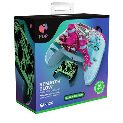 PDP Gaming REMATCH GLOW Enhanced Wired Gaming Controller: Licensed Glow in the Dark Gamepad for Xbox Series X|S, Xbox One, Windows PC, Mappable Back Buttons, Advanced Customizable App: Android Dreams - color: Android Dreams (Glow in the Dark), style: Cont
