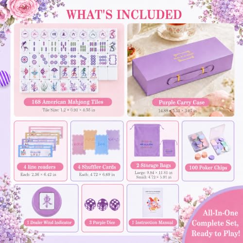 Purple American Mahjong Set, 168 Melamine Tiles | Includes 168 Mahjong tiles with 12 jokers and a gift box. Portable for game nights, weekly clubs and gifting. - color: Purple
