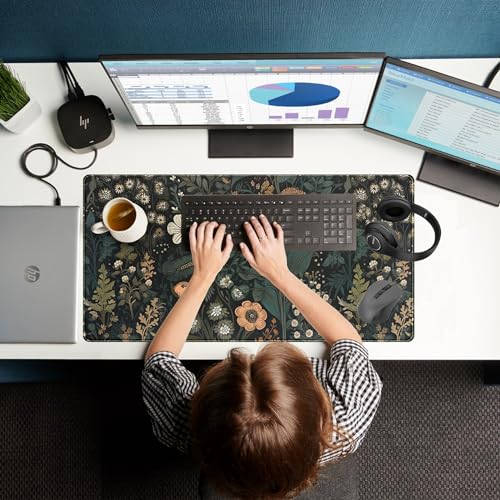 Dark Flower Desk Mat Floral Plants Mouse Pad, Aesthetic Wildflowers Large Gaming Mousepad Desk Pad, XXL Keyboard Mouse Mat Full Desktop Mat Women Office Desk Accessories Cover Mat 31.5"x15.75" - color: Dark Black Brown Flowers