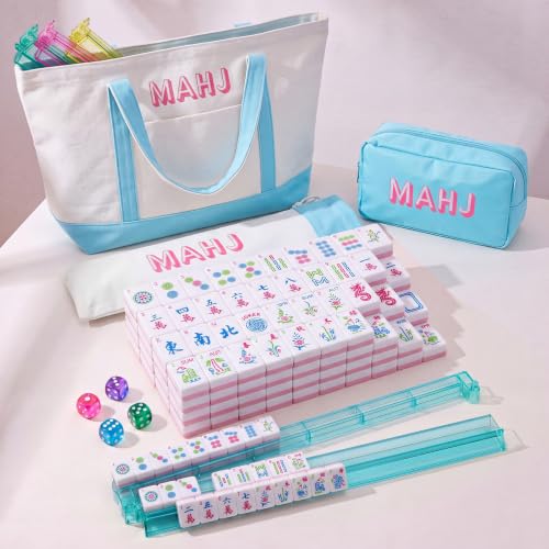 Ceenna American Mahjong Tile Set, 166 Tiles, 4 All-in-one Rack/Pushers, Complete Western Mahjong Set with Carrying Bag(Blue,Elegant) - color: Blue, style: Elegant