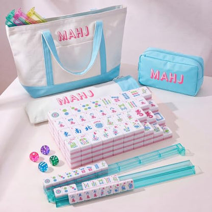 Ceenna American Mahjong Tile Set, 166 Tiles, 4 All-in-one Rack/Pushers, Complete Western Mahjong Set with Carrying Bag(Blue,Elegant) - color: Blue, style: Elegant