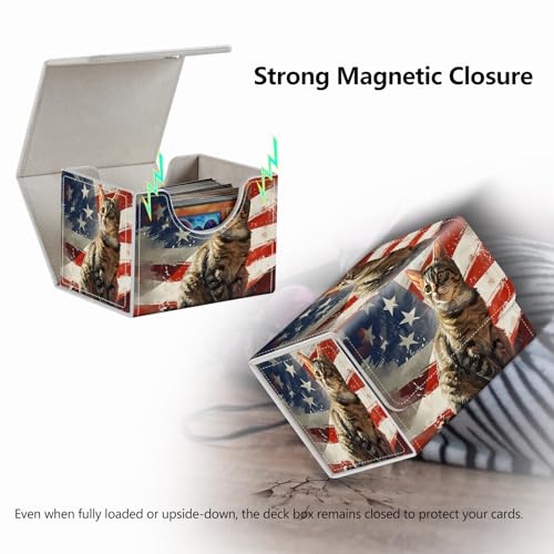 Strong Magnet Card Case Deck Box Mtg Card Box Playing Card Box Magic Deck Box Tcg Up to 200 Cards Creative Pattern Trading Card Storage Box for Collectible Card Games, Cute Cat And American Flag - color: Cute Cat And American Flag