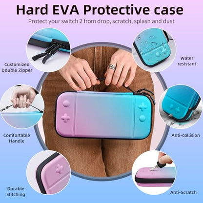 Switch 2 Carry Case Compatible with Nintendo Switch 2 Console,Large Capacity Switch 2 Case, Portable Hard NS 2 Travel Bag for Console & Accessories, 10 Game Card Slots (Pink Blue Gradient) - color: Pink Blue Gradient