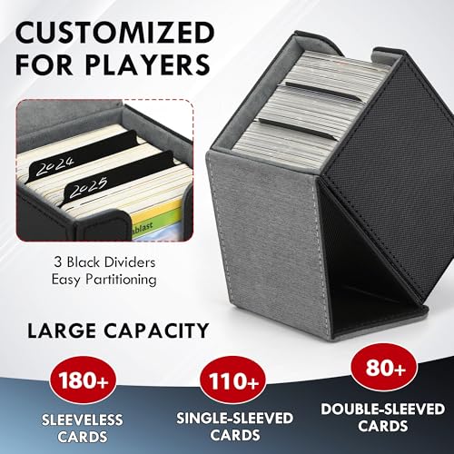 180+ Card Deck Box with 3 Dividers and Game Dice | gray, dustproof, waterproof leather holds 180+ sleeved cards 110+ single-sleeved cards, 80+ double-sleeved - color: Gray