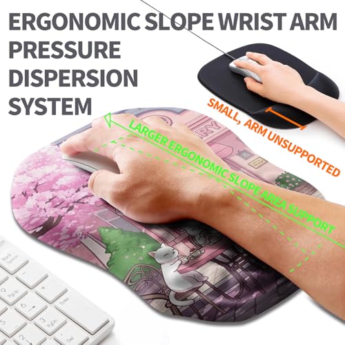 Ergonomic Slope Mouse Pad Wrist Support, Wrist Rest Mousepad for Carpal Tunnel Pain Relief with Massage Bulge and Slow Rebound Memory Foam (12x8 inch, Cat Bakery) - color: Am038-cat Bakery