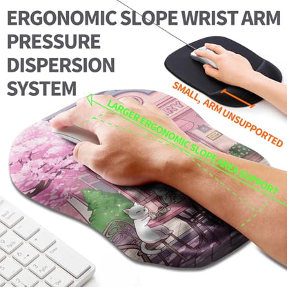 Ergonomic Slope Mouse Pad Wrist Support, Wrist Rest Mousepad for Carpal Tunnel Pain Relief with Massage Bulge and Slow Rebound Memory Foam (12x8 inch, Cat Bakery) - color: Am038-cat Bakery