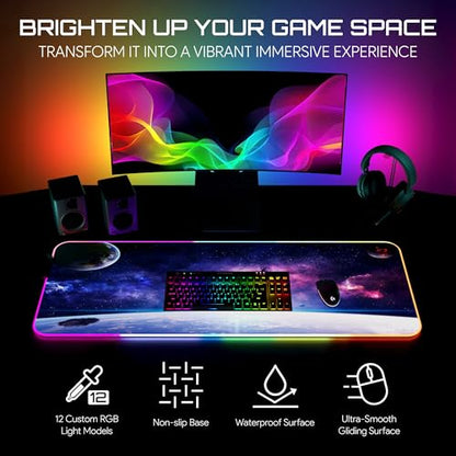 Gerlos RGB Gaming Mouse Pad, Large LED Desk Mat, 31.5 x 11.8 Inch | 12 light modes, non-slip base, water-resistant surface, stitched edges - color: Space