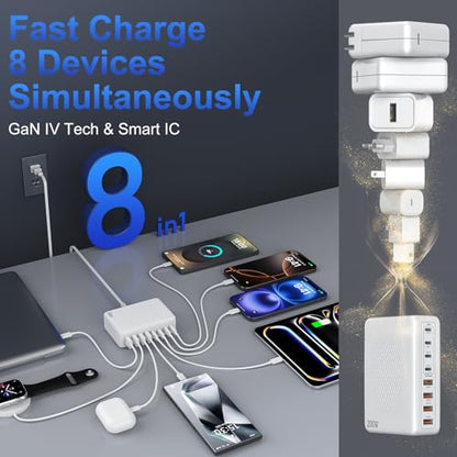 USB C Charger Block 200W Charging Station Hub for Multiple Devices Upgraded GaN III 8-Port PD 65W Fast Laptop Power Adapter for MacBook Pro/Air,DELL,iPad,HP,iPhone 16/15,Samsung S25/S24,Steam Deck etc