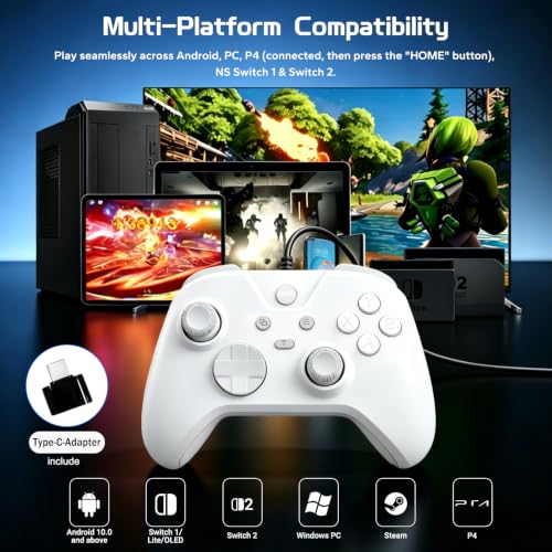 Joso Wired Gaming Controller with 1000Hz Polling Rate, USB Gamepad for Android, Switch, PC & PS4, Turbo and Adjustable Dual Vibration, 6.6-Foot Cable, USB C Adapter Included - color: White