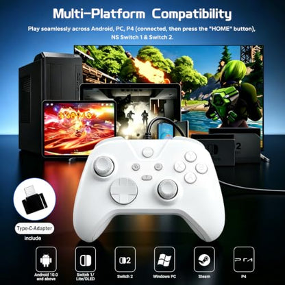Joso Wired Gaming Controller with 1000Hz Polling Rate, USB Gamepad for Android, Switch, PC & PS4, Turbo and Adjustable Dual Vibration, 6.6-Foot Cable, USB C Adapter Included - color: White
