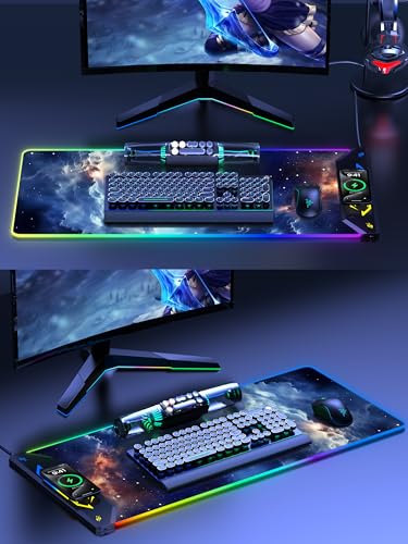 TopMade Wireless Charging Mouse Pad, RGB Gaming Mousepad, 35.4" x 15.8" Extra Large Waterproof Keyboard Desk Pad, Computer Desk Mat, Blue Nebula (Includes 20W PD Power Adapter & 6.56ft Woven Cable) - color: RGB Blue Nebula-35.4"x15.8"-with Adapter