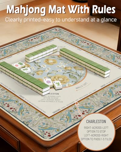 Mahjong Mat Table with Rules Mah Jong Mat Neoprene Travel Chinoiserie Floral Majong Learning Mat Instructions Mahjong Gifts Women Unique Non-Slip Rubber Pad, 31.5" x 31.5", Peacock - color: Peacock, size: 31.5" x 31.5"