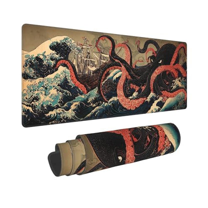 Japanese Octopus Gaming Mouse Pad Extended Large Mouse Mat 31.5 X 11.8 Inch Nonslip Rubber Base Long Desk Pad Stitched Edges Mousepad Mice Pad for Office Home Game - color: Japanese Octopus