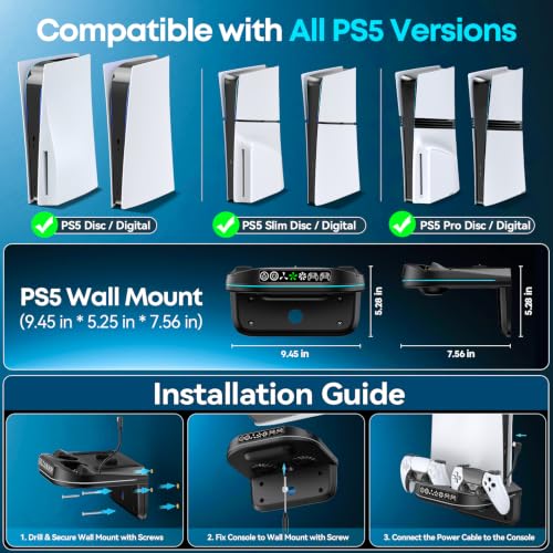 P S5 Wall Mount Kit with Cooling Fan and Charging Station Compatible with PS5/ Slim/Pro Disc and Digital, PS Five Floating Shelf with 9 RGB Lights, Black, Sony PSP Accessories Cables Adapters Cables - color: Black
