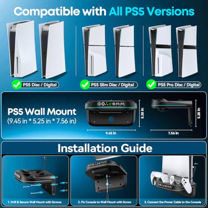 P S5 Wall Mount Kit with Cooling Fan and Charging Station Compatible with PS5/ Slim/Pro Disc and Digital, PS Five Floating Shelf with 9 RGB Lights, Black, Sony PSP Accessories Cables Adapters Cables - color: Black