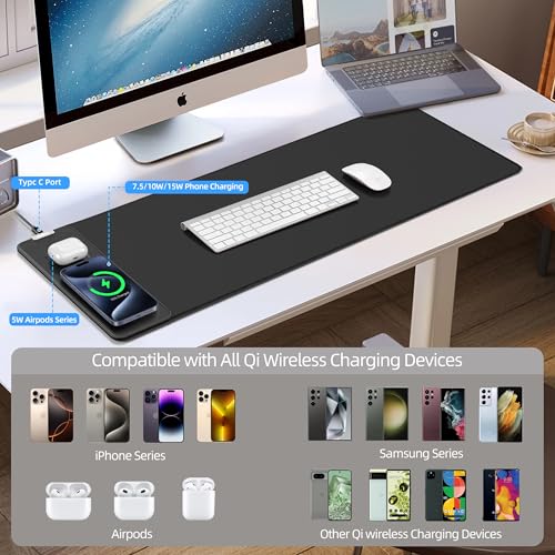 Mouse Pad with Wireless Charging, Large Desk Mat for Gaming, 31.5"x11.8" | Ultra-Smooth Surface, Non-Slip Rubber Base, Waterproof Computer Keyboard Pad for Gamer, Desk, Office, PC, Laptop, Black - color: Black - 31.5"x11.8"