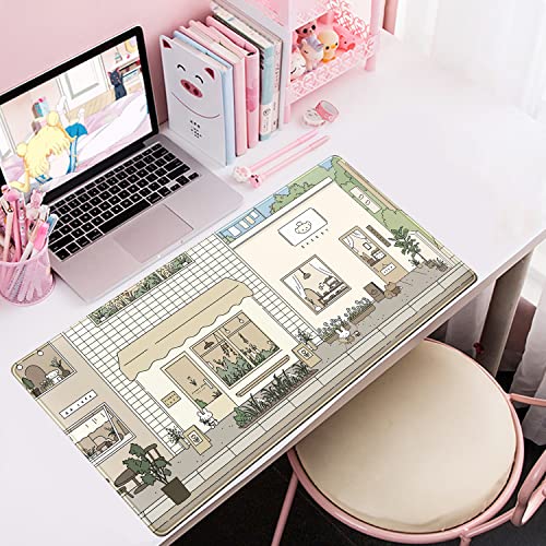 Cute Desk Mat Kawaii Mousepad Bunny and Bear Cute Anime Japanese Street Pastel Beige Brown and Green Mouse Pad, Extra Large Deskmat Cut Laptop Pad - color: Cute White Rabbit