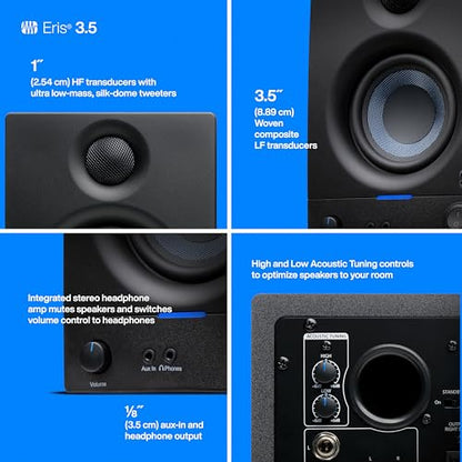 PreSonus Eris 3.5 Powered Studio Monitors, Pair — | 50W, Woven-Composite Woofer, Silk-Dome Tweeter, Black - color: Black, size: 3.5"