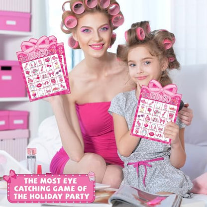 39 Pcs Pink Bow Party Bingo Game for Adults Kids 24 Players Pink Girls Party Bingo Game Cards with Reward Stickers for Family Friends Large Group Gathering Bachelorette Princess Doll Party Favors - style: Pink Girls