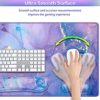 4-in-1 Mouse Pad with Wrist Rest Set Purple,35.4×15.7in Large Gaming Mouse Pad+Keyboard Wrist Rest+Wrist Mousepad+Cup Pad,Ergonomic Mouse Pads,Anti-Slip,Waterproof Keyboard Pad for Home Office - color: Purple Blue Marble