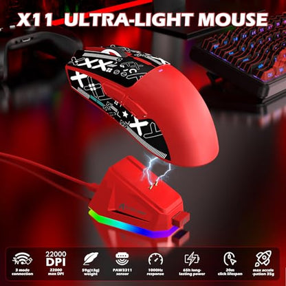 Attack Shark X65PRO HE & X11 Gaming Combo–Hall Effect Magnetic Keyboard & Superlight Mouse with RGB Charging Dock,8KHz Polling 22K DPI,Tri-Mode Wireless,Hot-Swappable,for Win/Mac/Linux (Black Red)