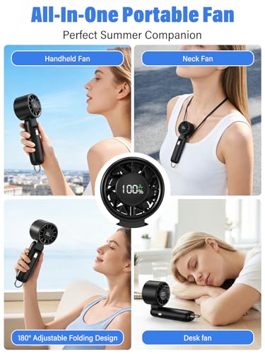 AI Handheld Fan Turbo, 100-Speed Portable Fan Rechargeable, Mini Fan with 12800 RPM Strong Airflow, Foldable 4-in-1 Personal Fan for Travel, Camping, Beach & Office, USB-C & Lightweight & Quiet - color: Black