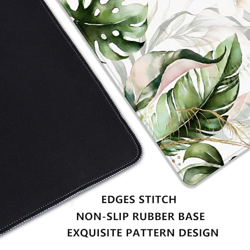 Green Tropical Leaves Mouse Pad Desk Pad,Green Sage Plant Extended Gaming Mouse Mat with Stitched Edges Non-Slip Waterproof Rubber Base Mous Mat for Office Home Game Desk Pad(27.5X11.8 in) - color: Green Tropical Leaves