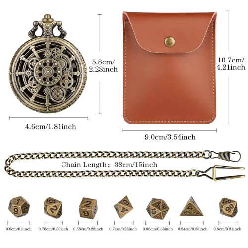 Bronze Hollow Gear Pocket Watch Shell Case with 7pcs Polyhedral Metal Dice, Steampunk Mini DND Dice Set, Table Top Game RPG Accessories, DND Starter Set, D&D Gifts with Leather Bag, Gift for Gamer - color: Bronze